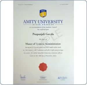 Amity University Online MBA Certificate Sample