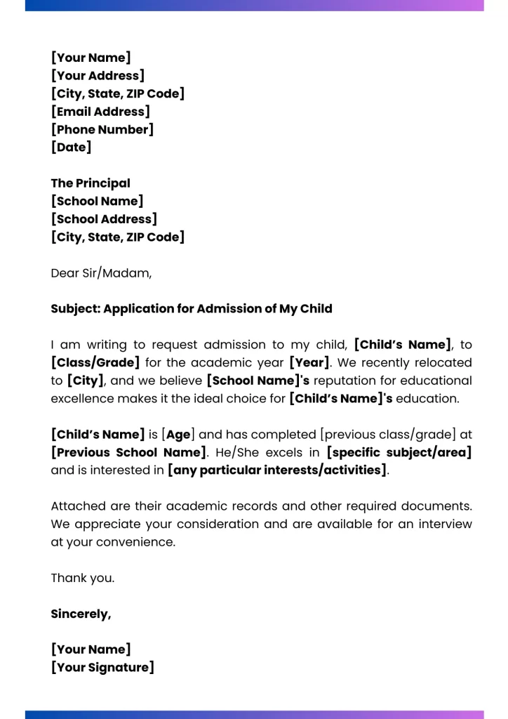 Sample Application Letter for School Admission for Child