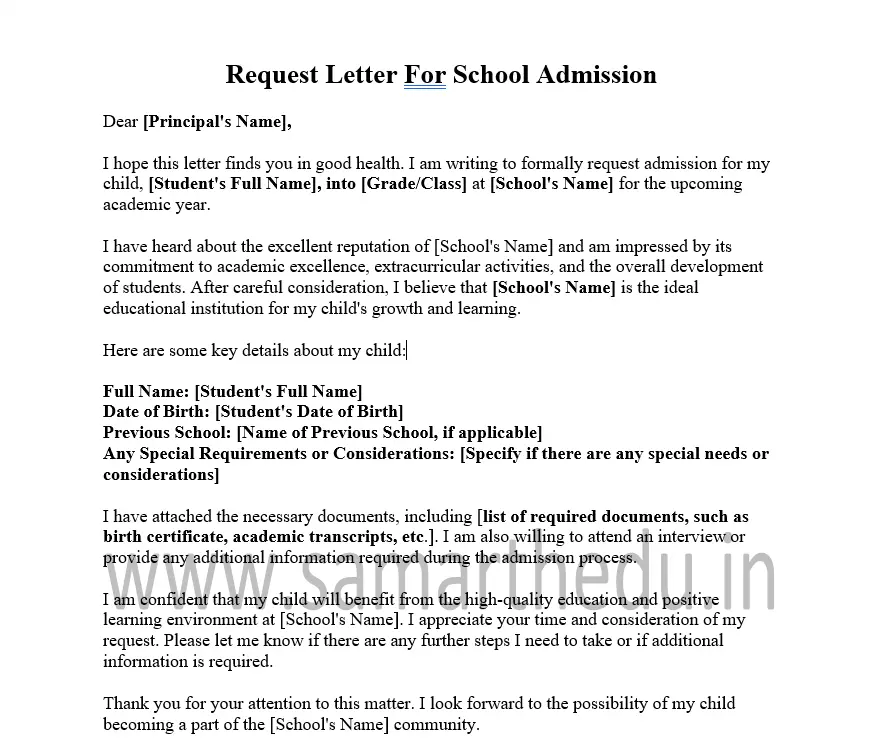 Request Letter For School Admission